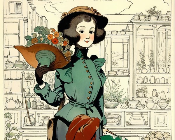 Young Woman in Vintage Attire in Garden Shop Setting