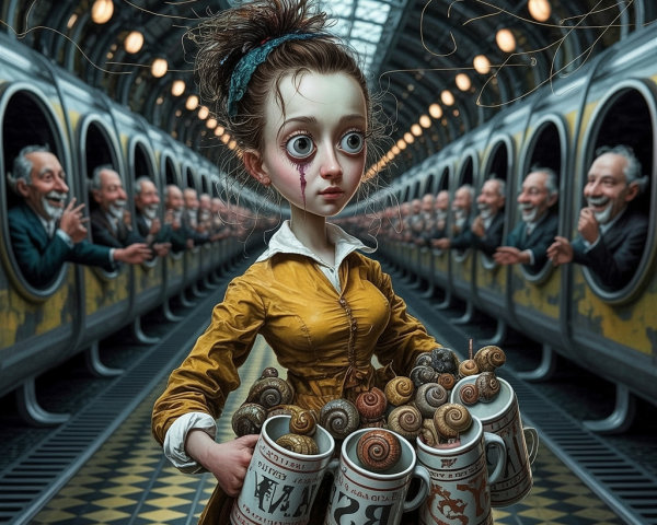 Surreal Subway Scene with Vintage Dress and Snails