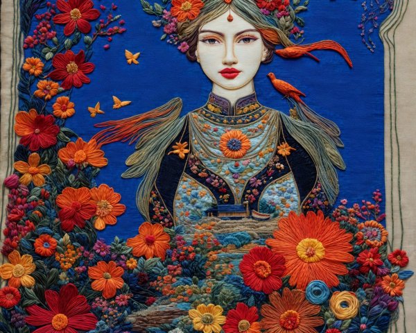 Embroidered Portrait of a Woman with Floral Accents
