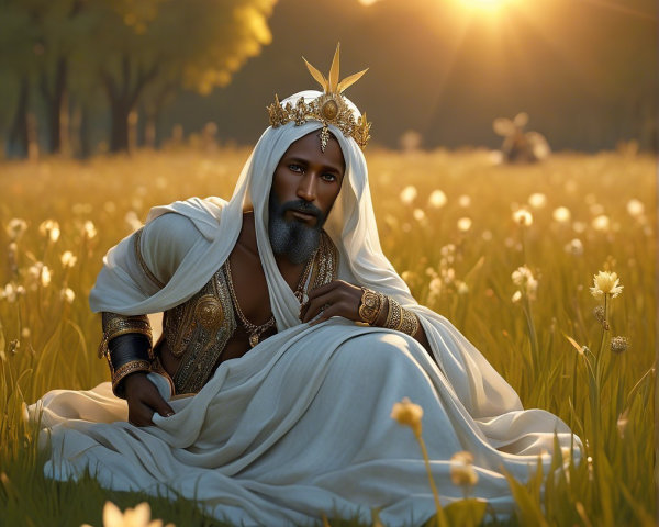 Regal Figure in White Robes in Sunlit Meadow
