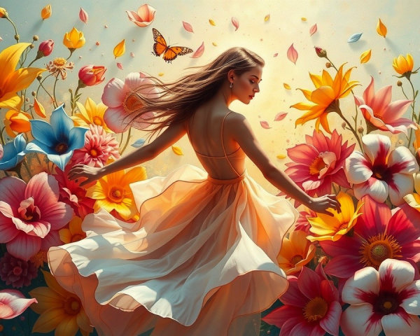 Woman in White Dress Twirling in Colorful Garden