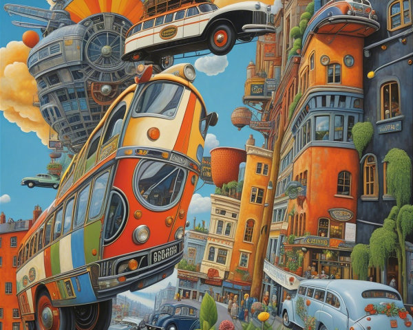 Surreal cityscape with floating cars and colorful buildings