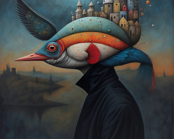 Surreal Figure with Fish Head and Whimsical Cityscape