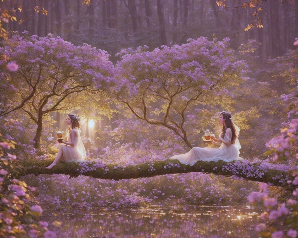 Ethereal Figures in White Dresses in Serene Forest