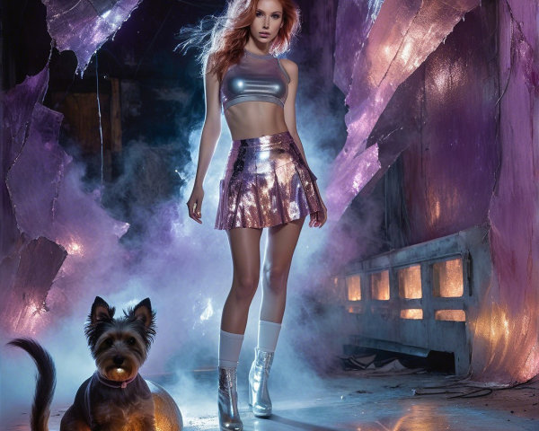 Young Woman in Silver Outfit with Playful Dog