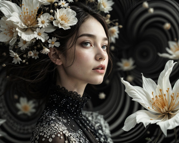 Portrait of a Young Woman with White Flowers in Hair