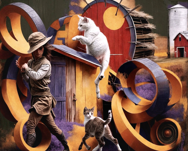 Child with cats in a vibrant surreal landscape