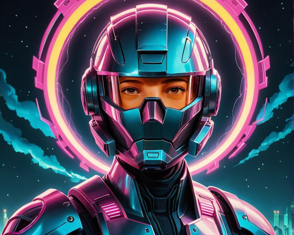 Futuristic character in metallic suit with neon accents