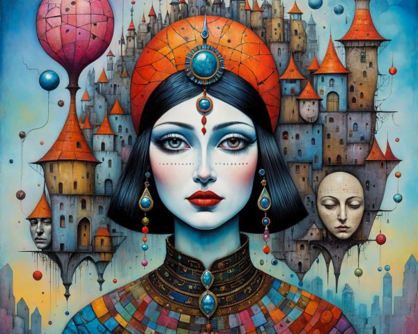Woman in Red Headdress Amidst Dreamy Castles and Faces