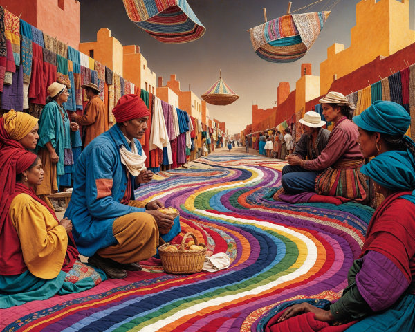 Vibrant Marketplace Scene with Colorful Textiles