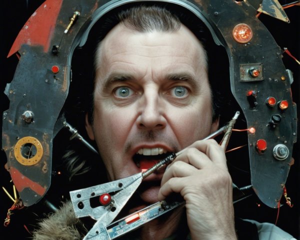 Man with Futuristic Helmet and Tool in Mouth