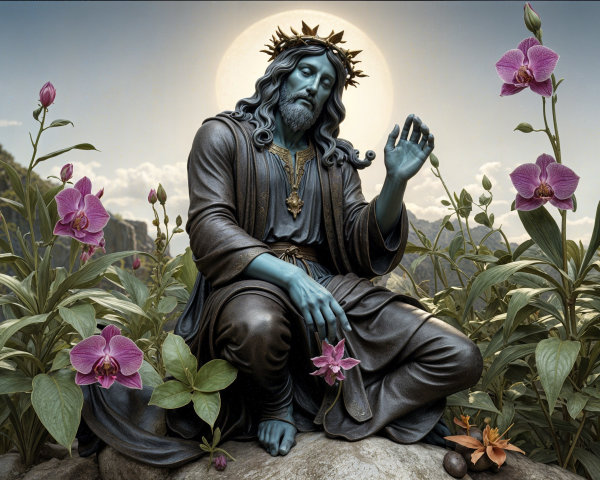 Serene Figure Surrounded by Lush Greenery and Orchids