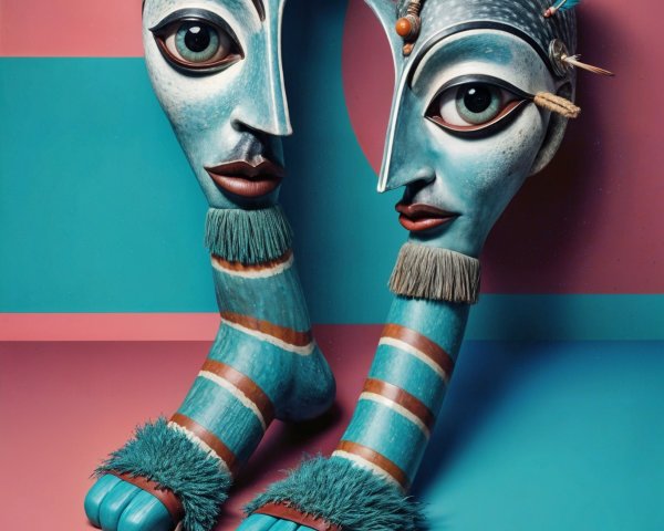 Stylized sculptures of human heads with vibrant colors