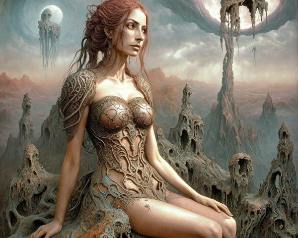 Surreal Scene of Woman in Organic Armor and Landscape