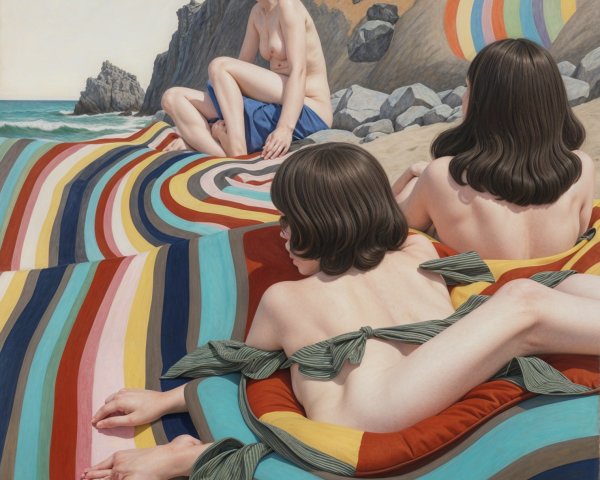 Serene Beach Scene with Figures on Colorful Blankets