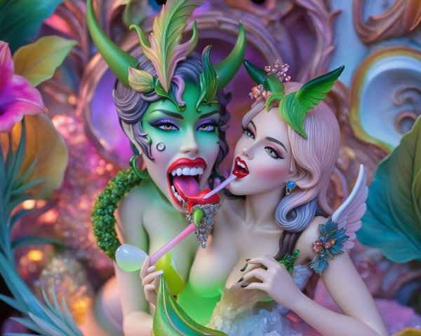 Intricately Designed Fantasy Figures in Floral Setting
