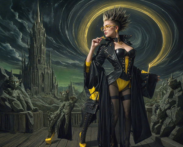 Gothic Landscape with Confident Figure in Vibrant Attire