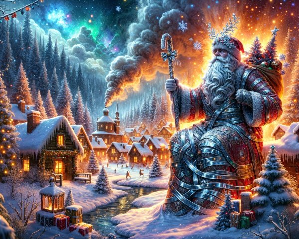 Magical Winter Scene with Santa Figure in Snowy Village