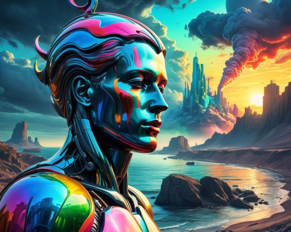 Futuristic Landscape with Metallic Robot and Coastline