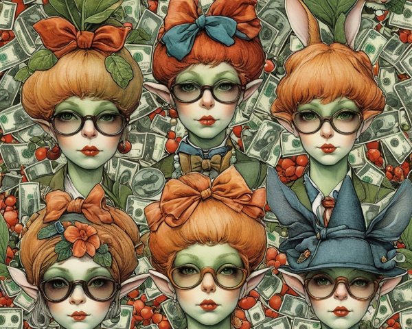 Stylized Female Figures with Red Hair and Green Skin