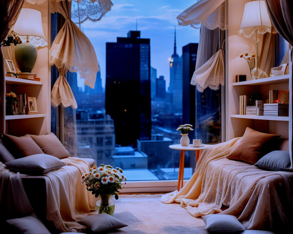 Cozy Elegant Living Space with City Skyline View