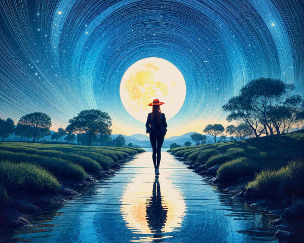 Dreamlike Scene of Figure in River Under Night Sky