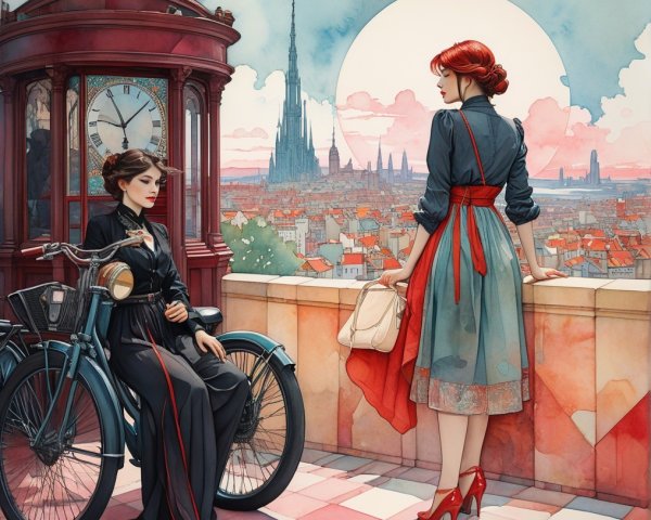 Elegant Women on Balcony Overlooking City Skyline