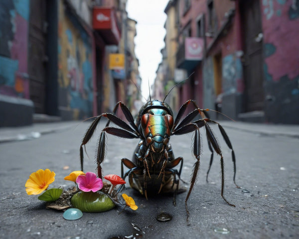 Colorful Alleyway with Giant Iridescent Insect
