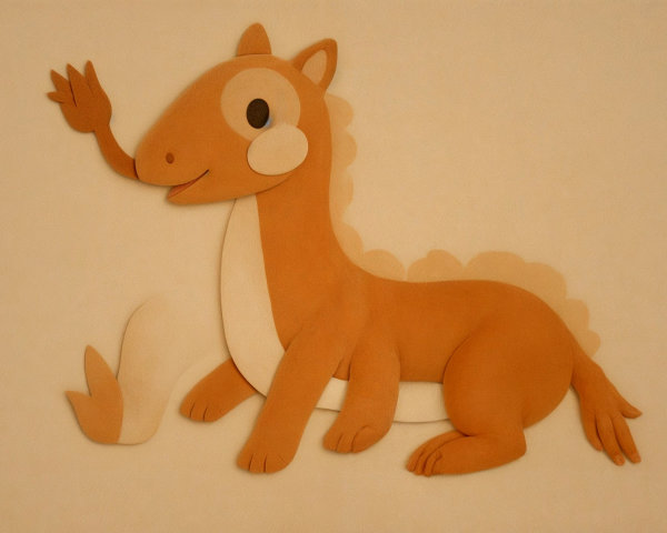 Cartoonish creature with dinosaur features and warm colors