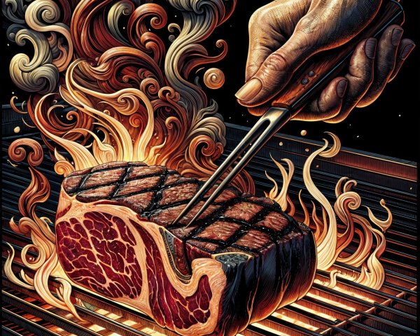 Grilled Steak with Tongs Over Fiery Grill Flames