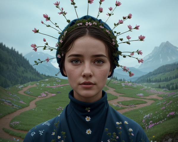 Young Woman in Floral Garb Against Mountain Landscape