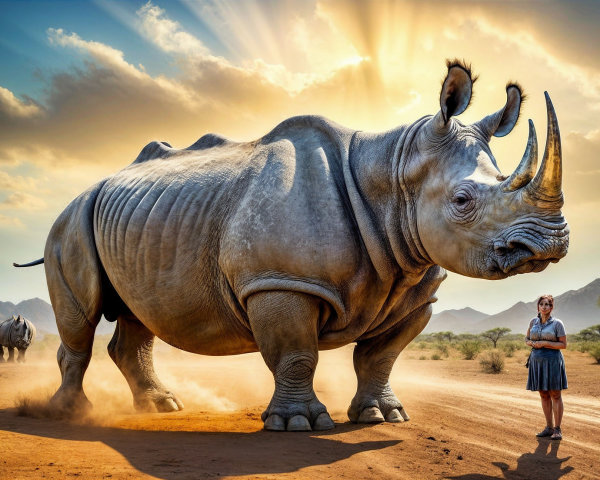 Rhinoceros in Sunset Landscape with Woman in Blue Dress