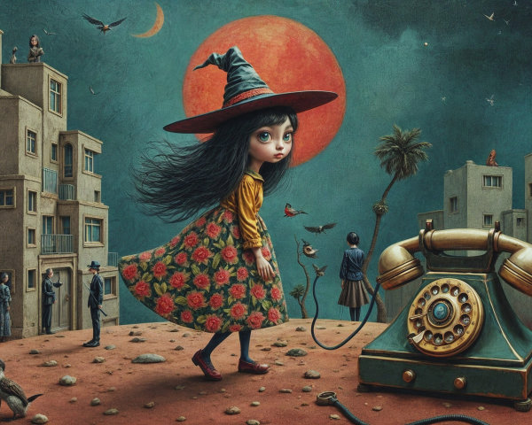 Whimsical Girl in Witch Hat in Surreal Urban Landscape