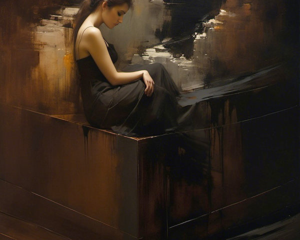 Contemplative Woman in Dark Minimalist Setting