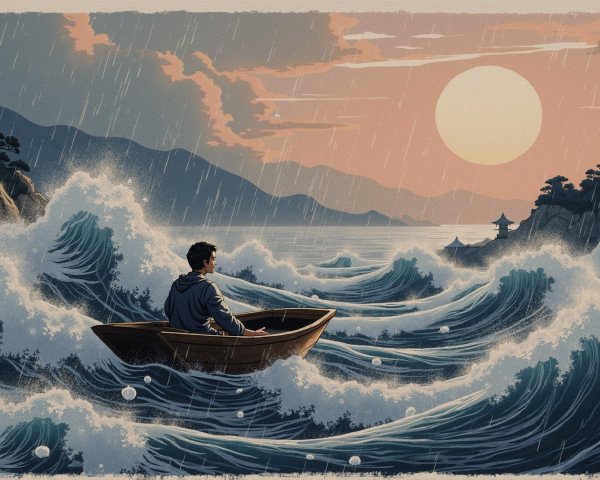 Lone Figure in Boat Amidst Stormy Ocean and Pagoda