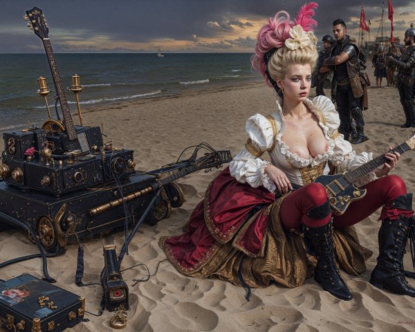 Steampunk Woman Playing Guitar on Dusk Beach