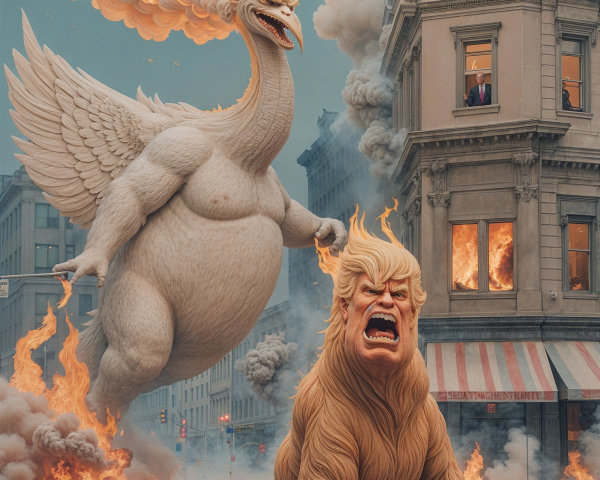Giant Creatures Amidst Urban Chaos and Flames