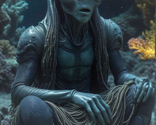 Humanoid Alien in Vibrant Underwater Coral Scene