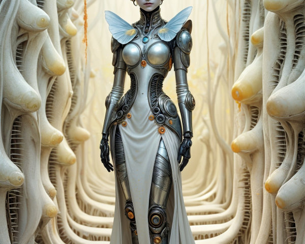 Futuristic humanoid robot in surreal organic setting