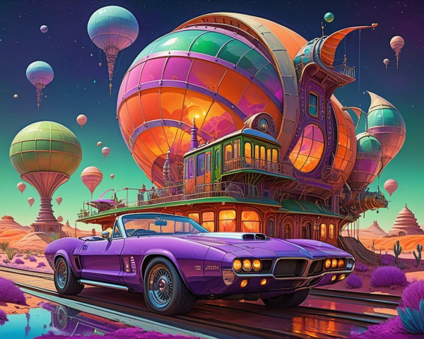 Surreal Landscape with Convertible on Railway Tracks