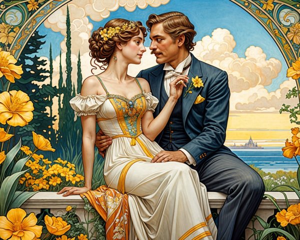 Romantic Couple Surrounded by Yellow Flowers and Hills