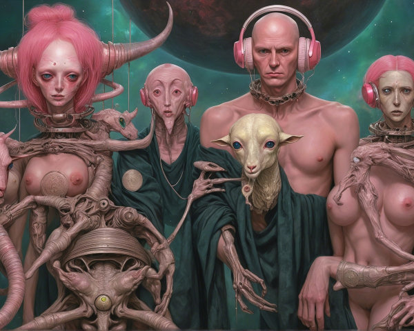 Surreal Scene with Humanoid Figures and Cosmic Elements