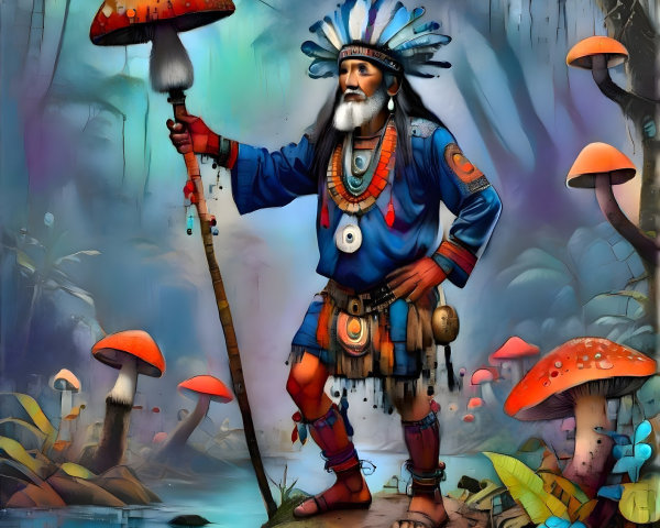 Elderly Man in Tribal Attire by Misty Waterway