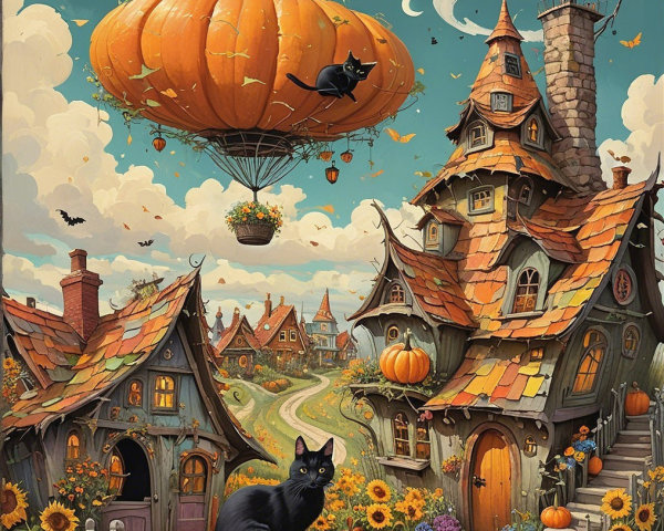 Whimsical Autumn Scene with Cottages and Pumpkins
