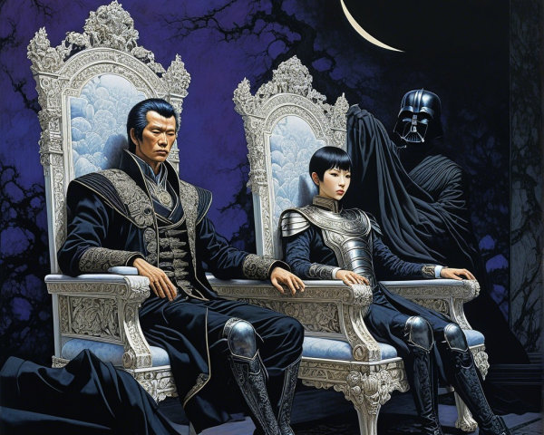 Two Figures on Ornate Thrones in Dark Setting