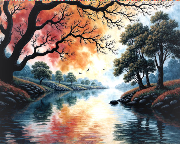 Tranquil River Landscape at Vibrant Sunset