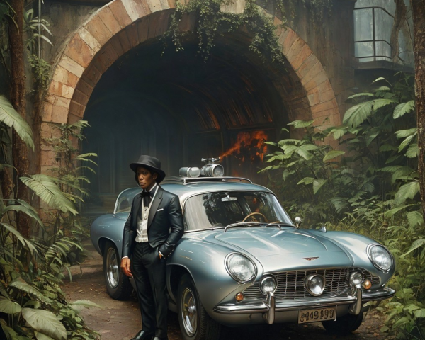 Vintage Silver Car in Jungle by Ancient Stone Archway
