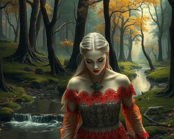 Woodland Scene with Woman in Red Gown and Stream
