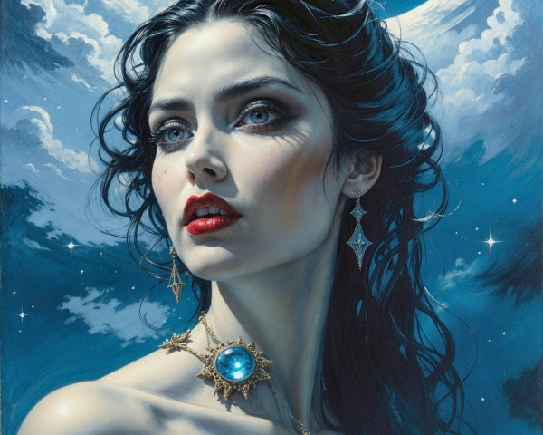 Portrait of a Woman with Dark Hair and Starry Background