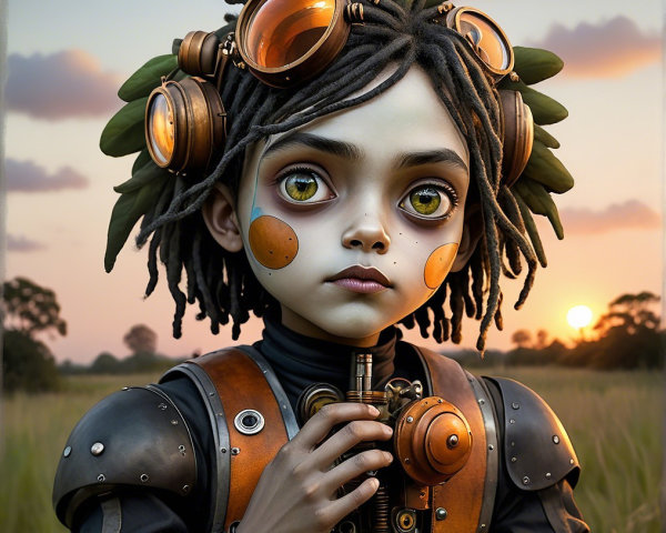 Young Character in Serene Sunset Landscape with Goggles